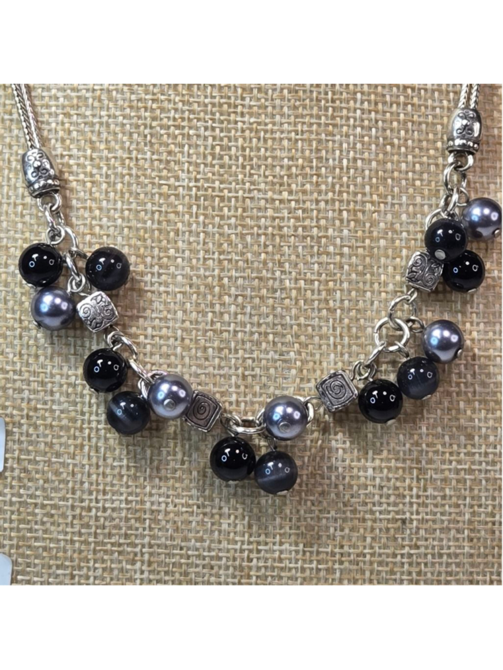 Brighton Charm Necklace Mimosa Cha Cha Silvertone Black Gray Bead Statement